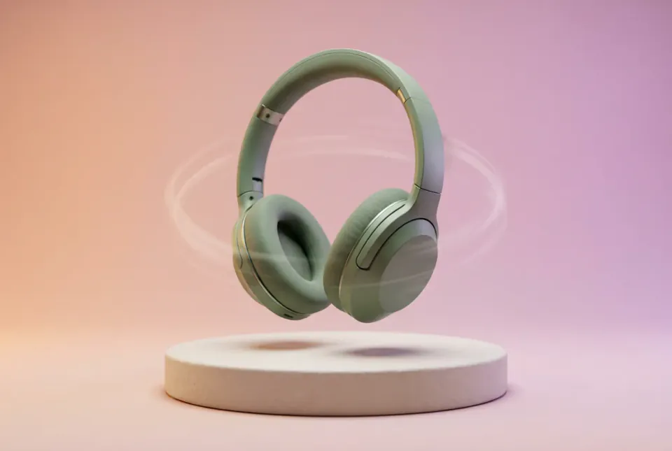 Sage green headphones rotating above a pedestal
