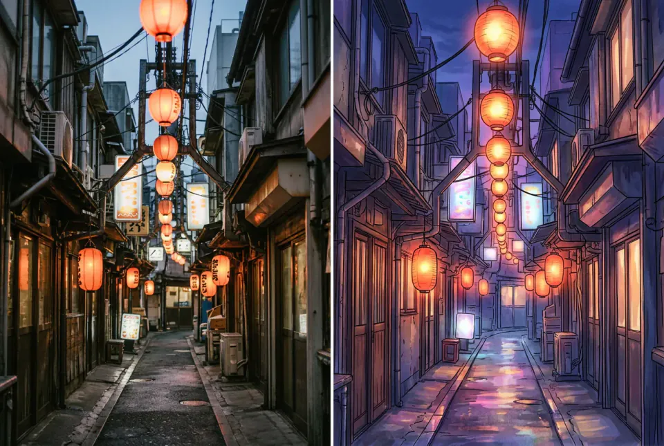 Immagine divisa della foto di un vicolo trasformata in sfondo anime