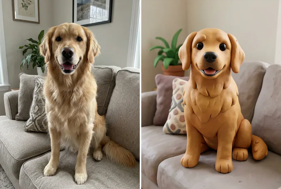 Immagine divisa di un golden retriever trasformato in figura di plastilina