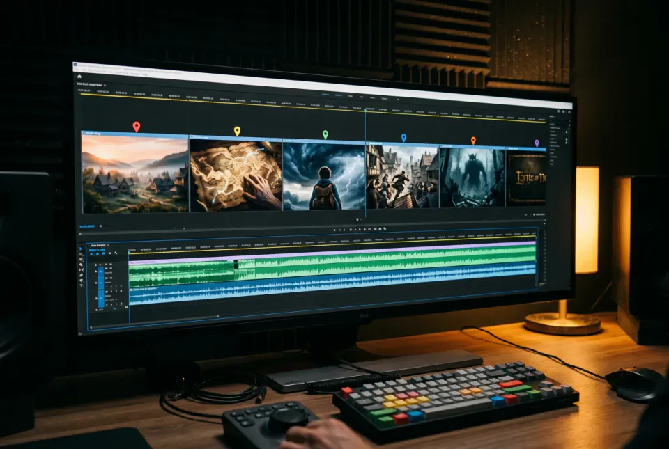 Línea de tiempo de edición con seis miniaturas de beats de tráiler
