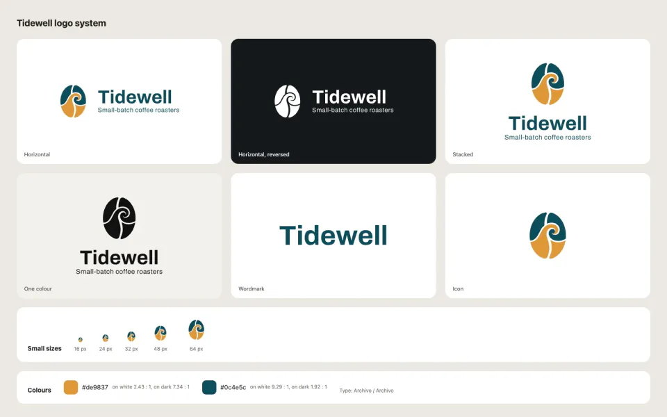 AI Logo Generator: Tidewell coffee logo system with horizontal, reversed, stacked, one-colour, wordmark and icon versions, favicon sizes and palette contrast