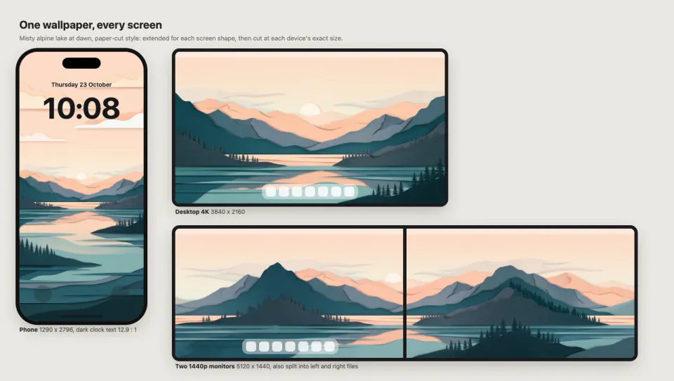 AI Wallpaper Generator: paper-cut alpine lake at dawn on a phone lock screen with a dark clock, a 4K desktop with dock and a dual-monitor span