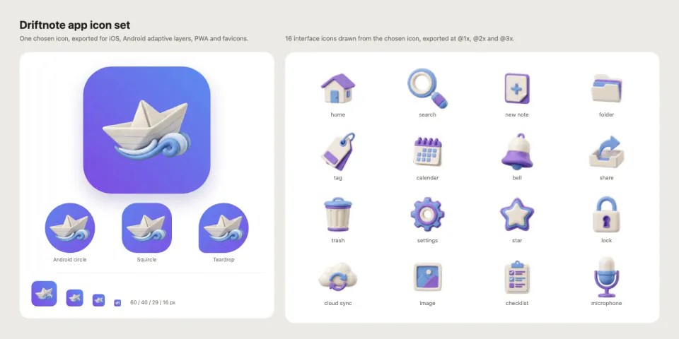 App and UI Icon Generator: Driftnote paper-boat app icon on a blue-violet gradient with Android circle, squircle and teardrop masks, small sizes and 16 matching clay interface icons
