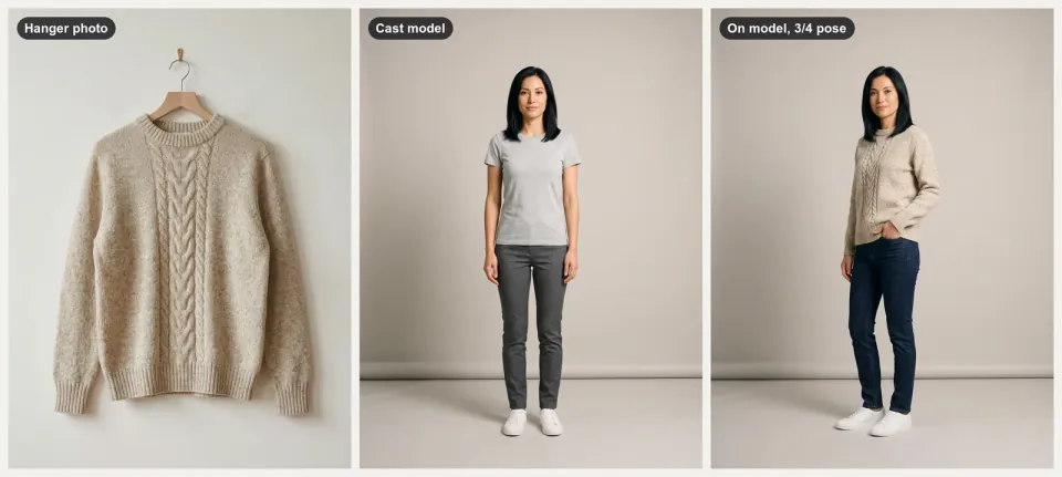 Apparel On-Model Lookbook: a sweater on a hanger, the fictional cast model, and the same sweater worn in a three-quarter pose