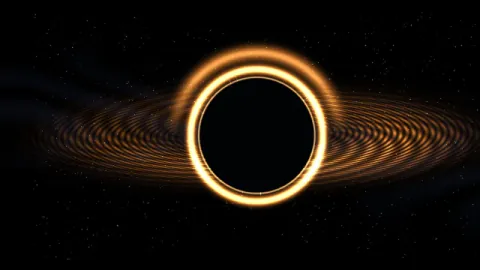 An artistic dark horizon bends a star field beside a glowing disk. Original 8-second rendered example.