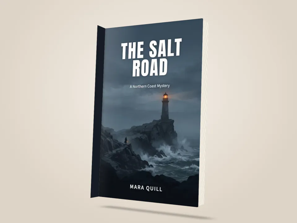 Book Cover Designer: The Salt Road by Mara Quill as a 3D paperback mockup with a lighthouse on a stormy coast