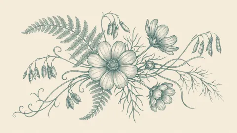 An illustrated botanical ink design appears through a modeled bloom. Original 8-second rendered example.