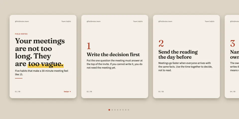 Carousel Post Maker: editorial carousel on calmer meetings, hook slide and first three tips