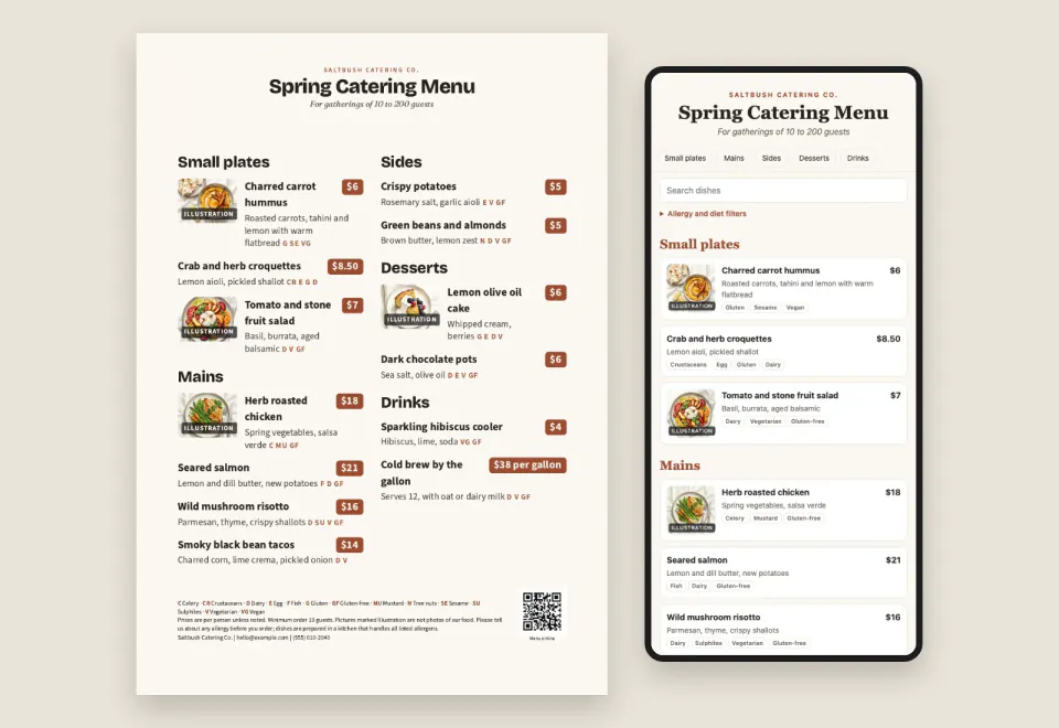 Catering Menu Designer: Saltbush Catering spring menu in print and on a phone