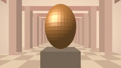 A central gold sculpture retains its projected scale while the hall perspective changes. Original 8-second rendered example.