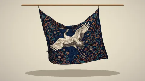 An illustrated crane textile bends in the wind while its pinned corners remain visible. Original 8-second rendered example.
