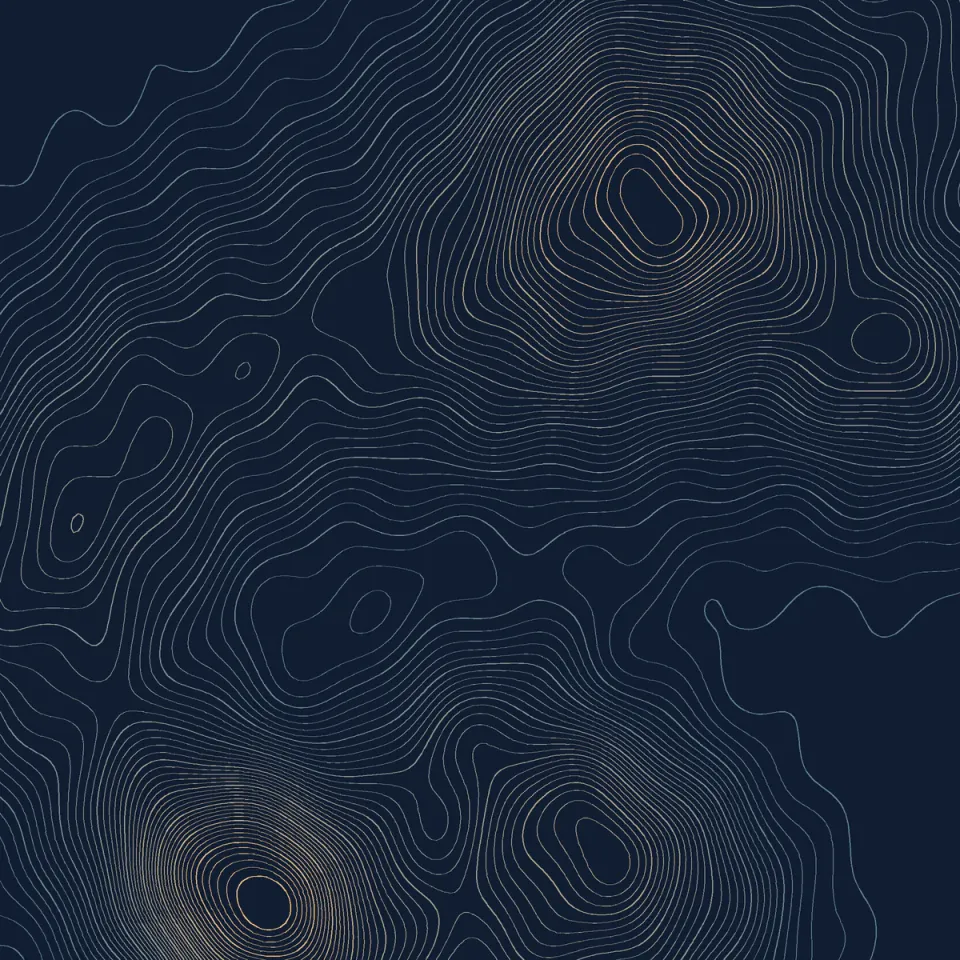 Fine contour lines trace a synthetic terrain field on a dark navy square