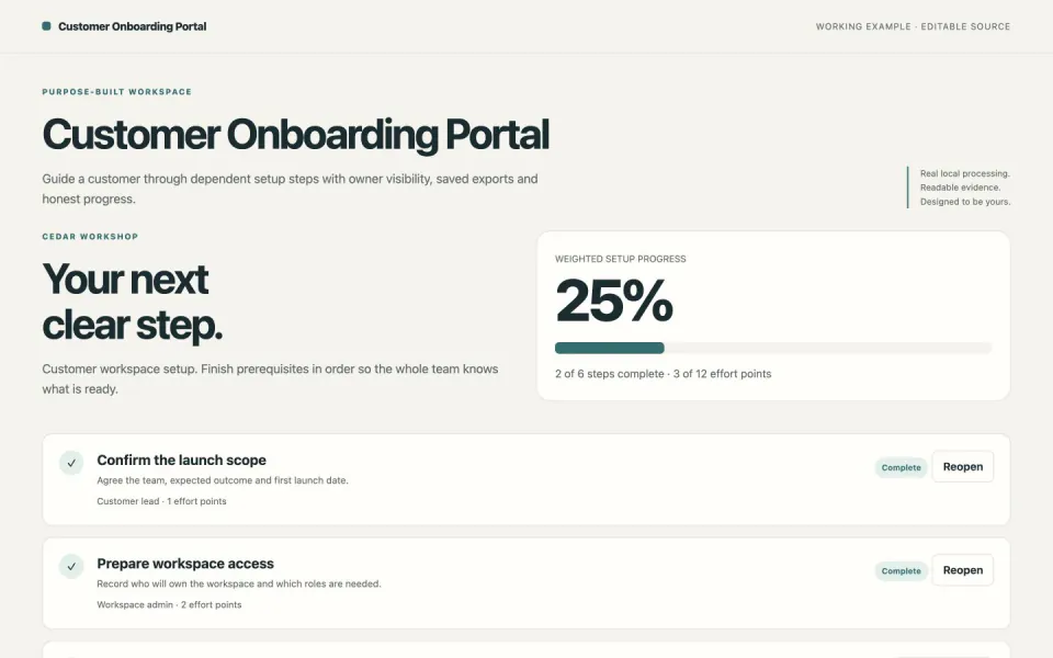 A customer setup checklist with prerequisites and weighted progress — working example