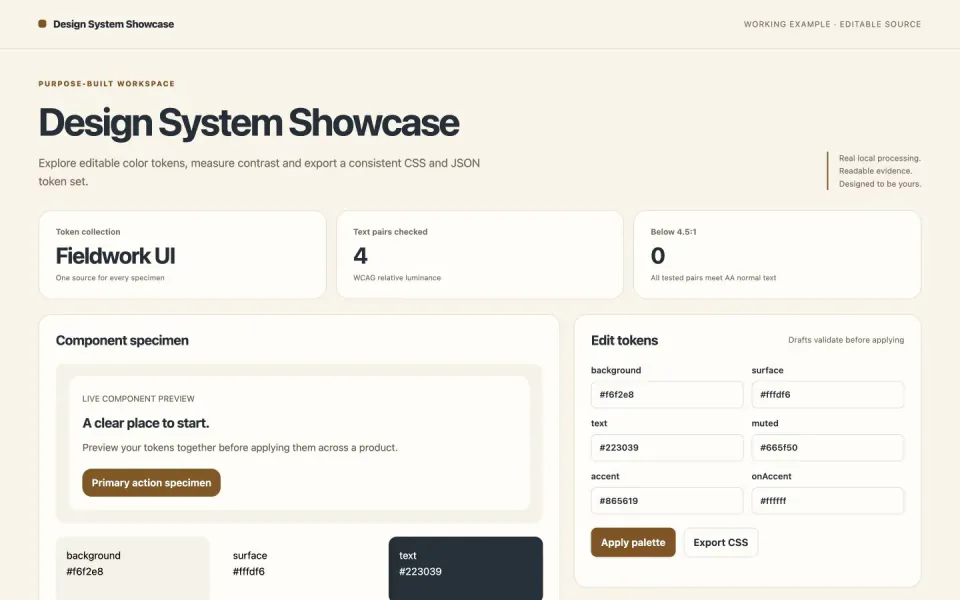 Editable design tokens with calculated contrast ratios and CSS export — working example