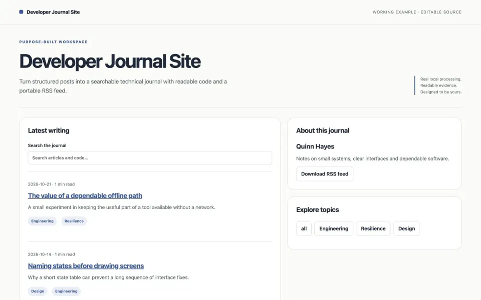 A developer journal with structured code examples, tags and RSS export — working example
