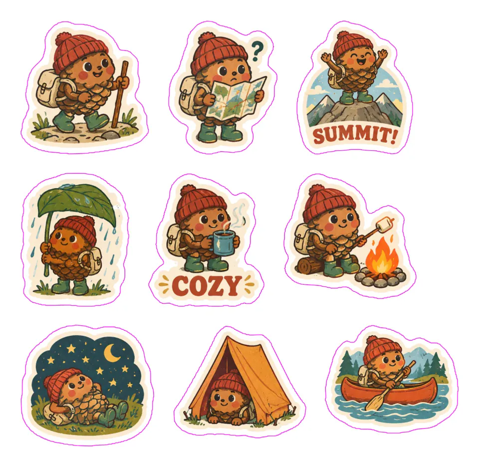 Die-Cut Sticker Sheet: nine retro badge stickers of an original pinecone hiker laid out with magenta cut lines