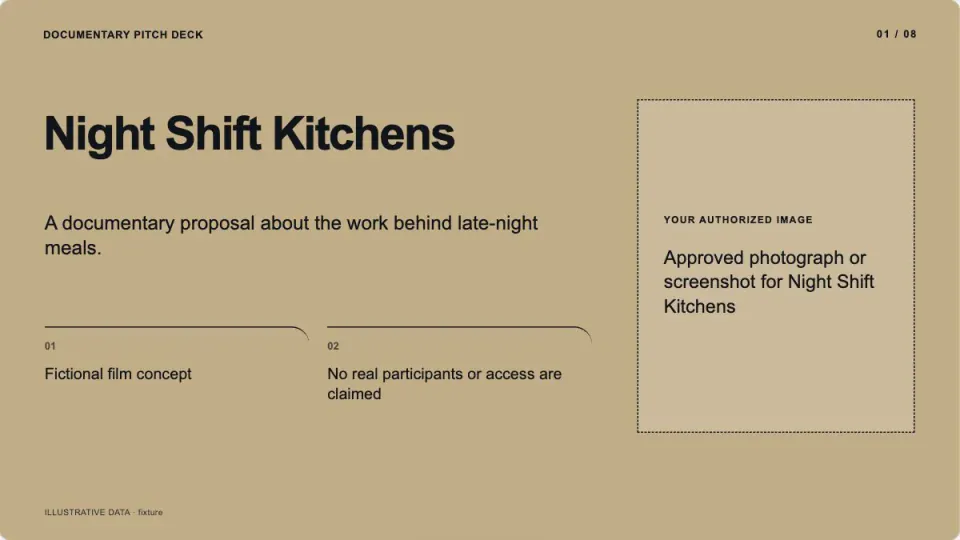 Documentary Pitch Deck sample, slide 1: Night Shift Kitchens