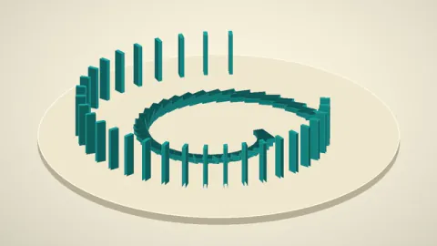 A hinged domino chain falls along a spiral, with standing and fallen tiles visible together. Original 8-second rendered example.