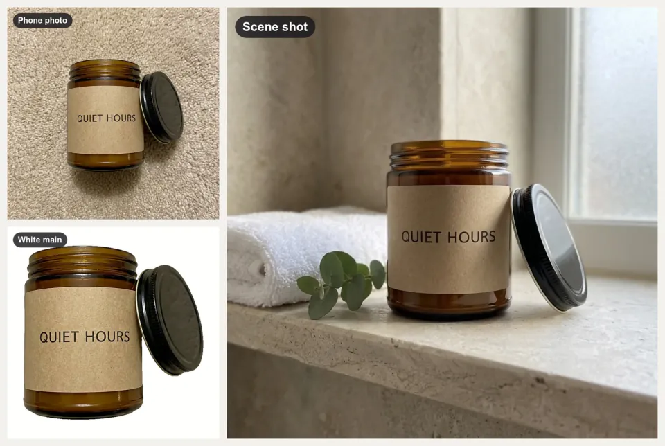 Ecommerce Product Photos: a phone photo of a candle turned into a white-background main image and a bathroom shelf scene