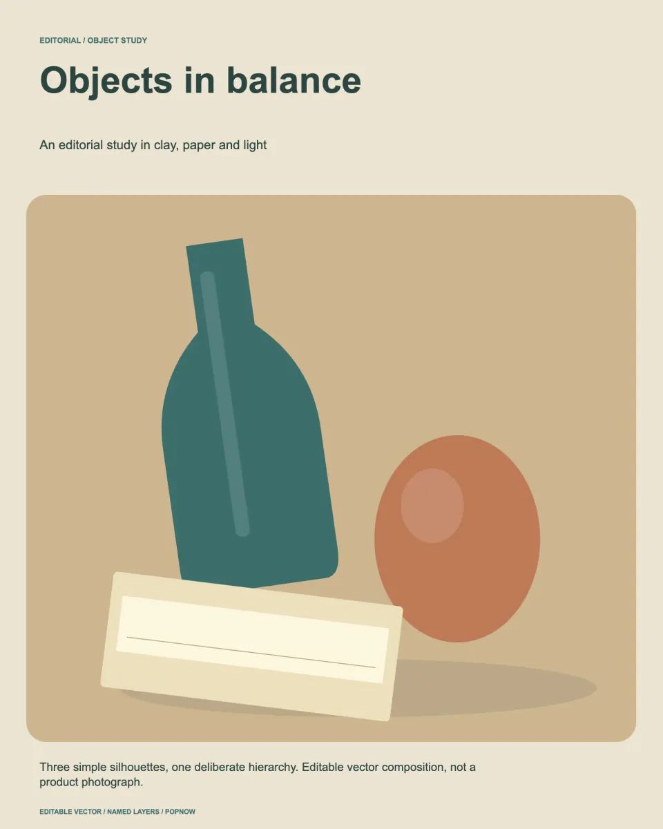 An original editable still life with a teal bottle, clay orb and pale paper form — rendered editable SVG example