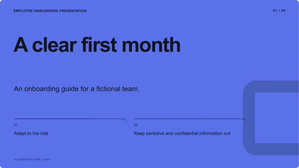 Employee Onboarding Presentation sample, slide 1: A clear first month