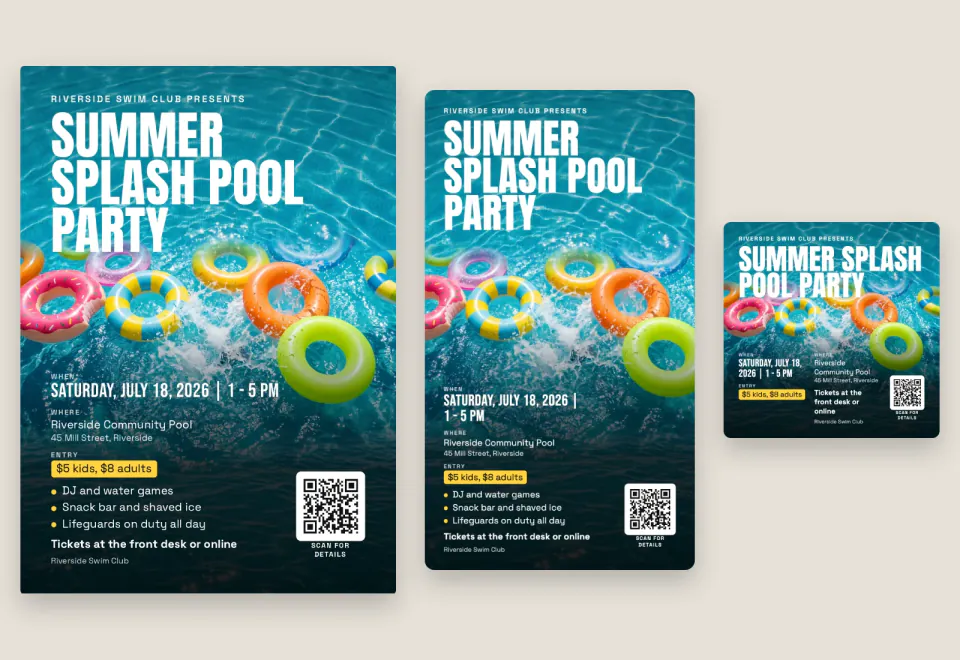 Event Flyer Maker: Summer Splash Pool Party flyer in print, story and square sizes
