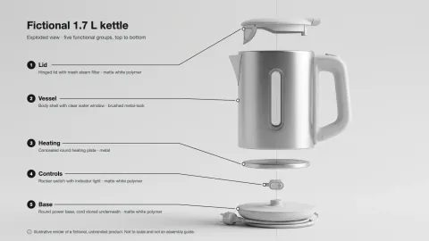Exploded View Product Poster: sample renders of a fictional kettle