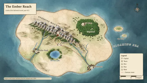 Fantasy Map Generator: a lettered world map and a gridded encounter map