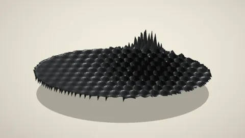 An artistic dark heightfield rises into peaks beneath a moving magnetic target. Original 8-second rendered example.