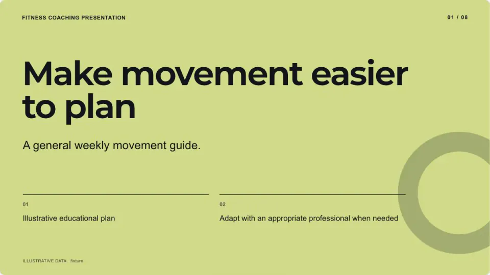 Fitness Coaching Presentation sample, slide 1: Make movement easier to plan