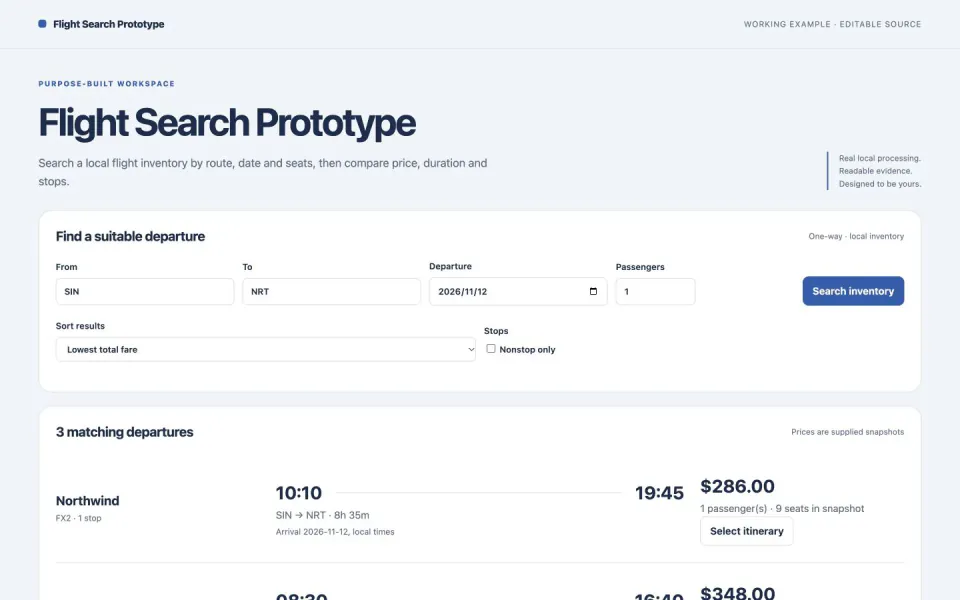 A local flight inventory with passenger totals and timezone-aware durations — working example