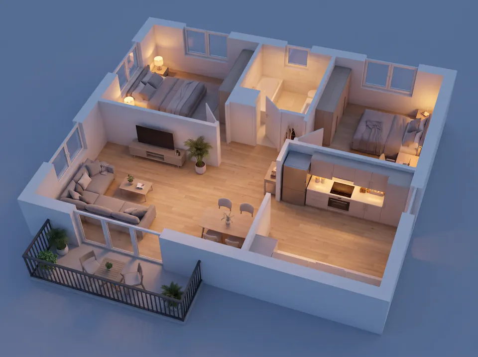 Floor Plan to 3D: 3D floor plan of a two-bedroom apartment at dusk, three-quarter cutaway view with warm lamps in every room