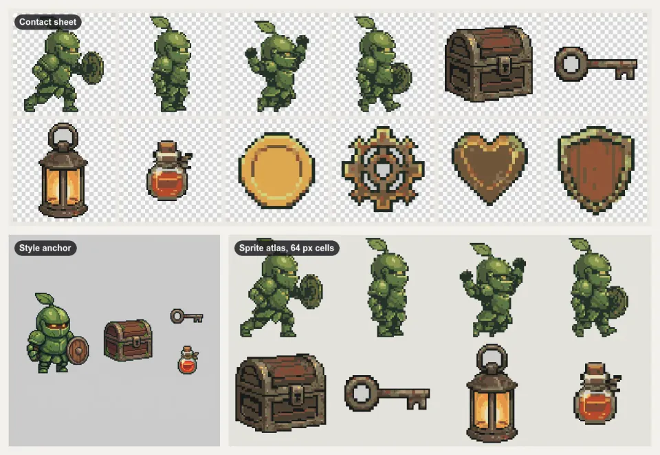 Game Asset Pack: Moss Knight pixel pack with contact sheet, style anchor and sprite atlas