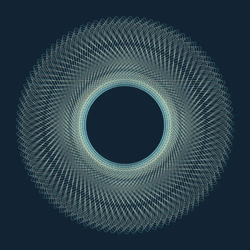 Fine gold and pale cyan curves form a layered guilloche rosette on a dark blue background