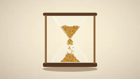 Modeled grains pass through an hourglass neck and accumulate in the lower chamber. Original 8-second rendered example.
