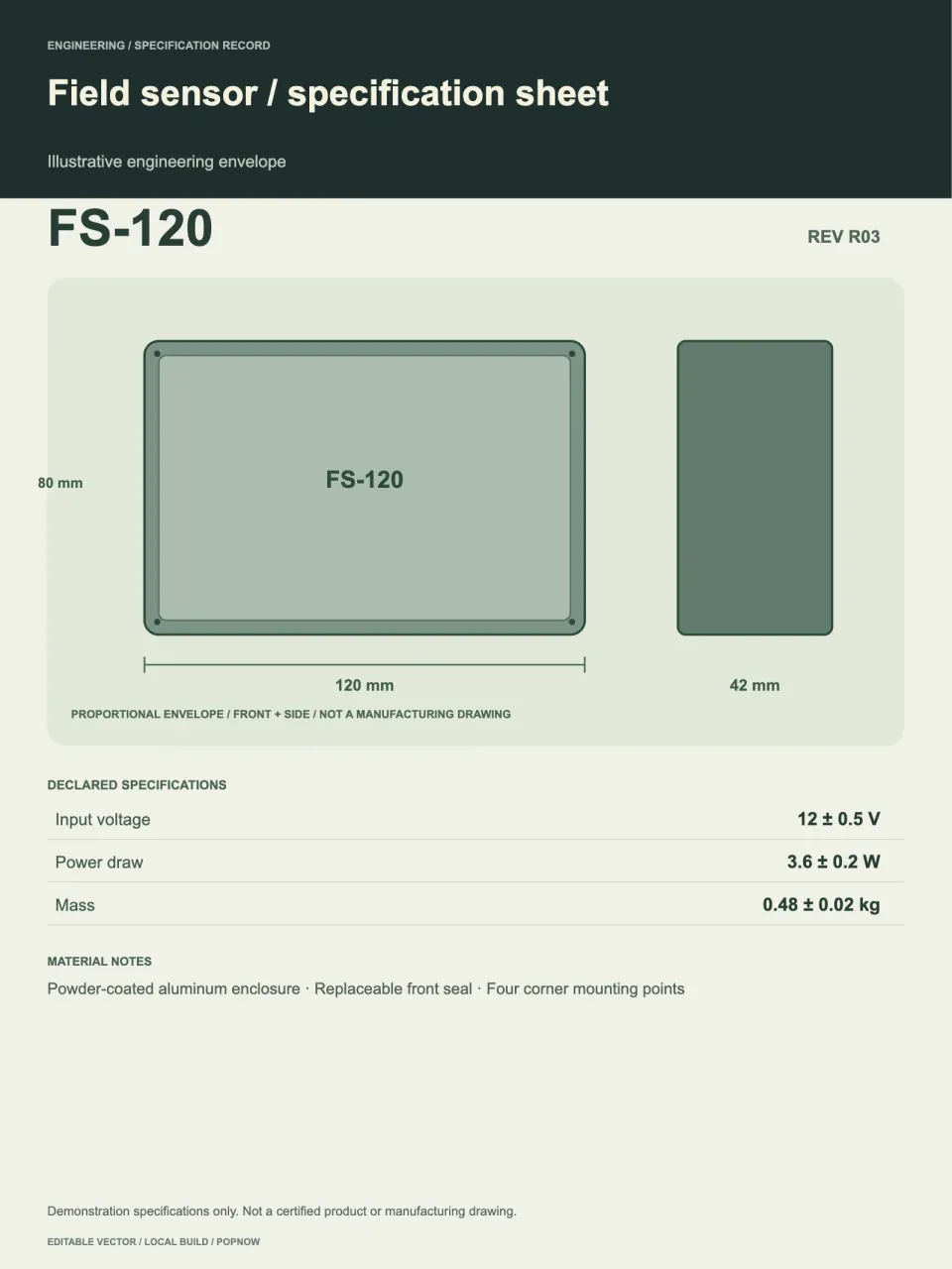 A proportional FS-120 envelope with millimeter dimensions and tolerances — rendered editable SVG example