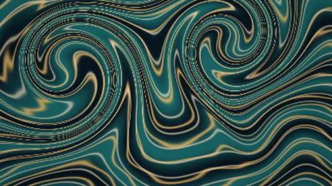 Teal, cream and gold pigment lines curl into detailed marbled vortices. Original 8-second rendered example.