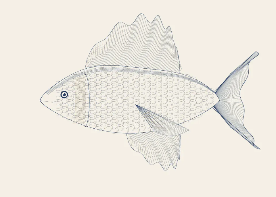 Invented fish rendered with curved fins, overlapping scale arcs and fine etched lines