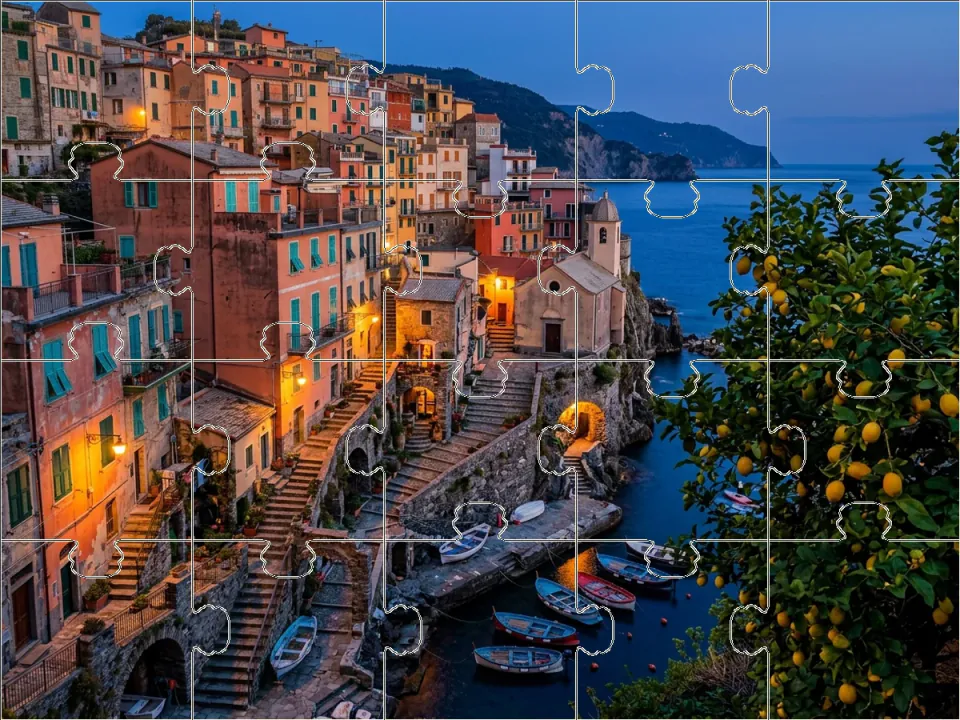 Photographic puzzle with interlocking pieces from an original coastal village image