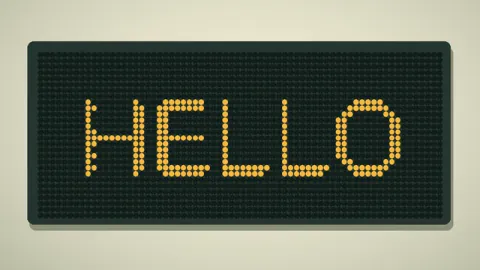 A mechanical dot display finishes revealing the word HELLO. Original 8-second rendered example.