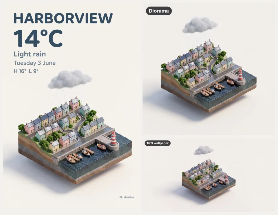 Miniature Diorama: a fictional seaside town as a rainy isometric block, its weather card and a 16:9 wallpaper