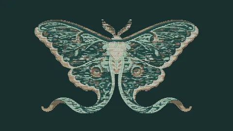 The stitched moth design is fully visible after the needle path completes. Original 8-second rendered example.