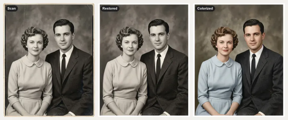 Old Photo Restoration: a worn 1950s studio portrait of a fictional couple, restored and then colorized