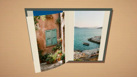Complete travel photographs retain their original proportions within paper margins as a textured page curls. Original 8-second rendered example.