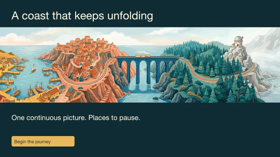 Opening slide showing the continuous coastal panorama from harbor and village to bridge, forest and mountains