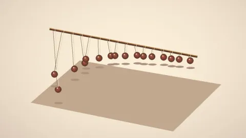 A row of pendulums forms a staggered wave as their phases separate. Original 8-second rendered example.