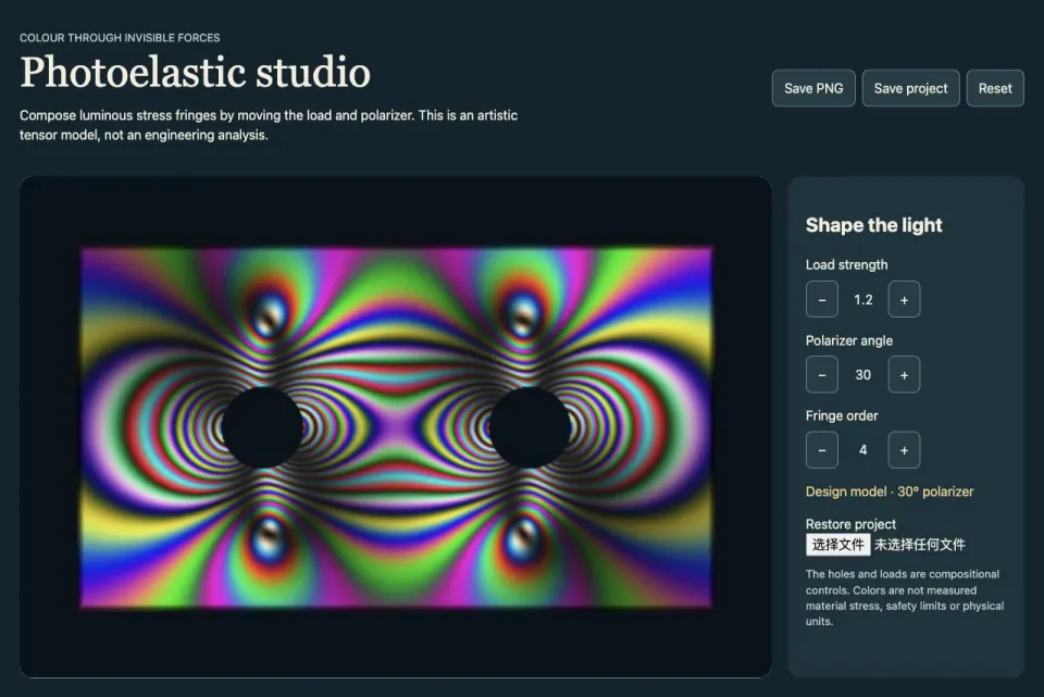 An artistic photoelastic design interface with load, polarizer and fringe controls
