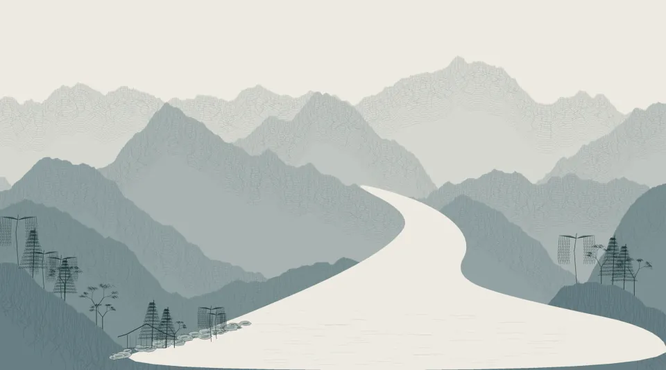 Procedural ink landscape with layered mountain ridges, a winding pale river and foreground trees
