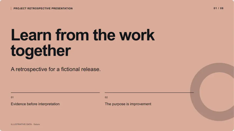 Project Retrospective Presentation sample, slide 1: Learn from the work together