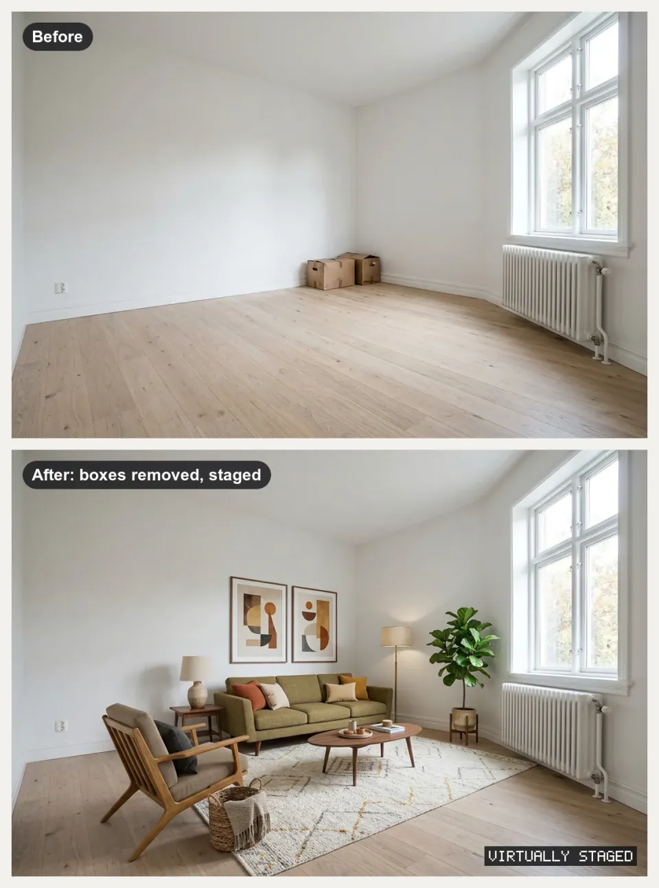 Real Estate Listing Kit: an empty living room before, and after the boxes are removed and it is virtually staged, labelled Virtually staged